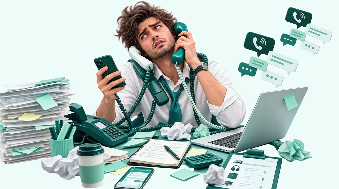 A buyer juggling several phone handsets at a desk buried in paperwork.